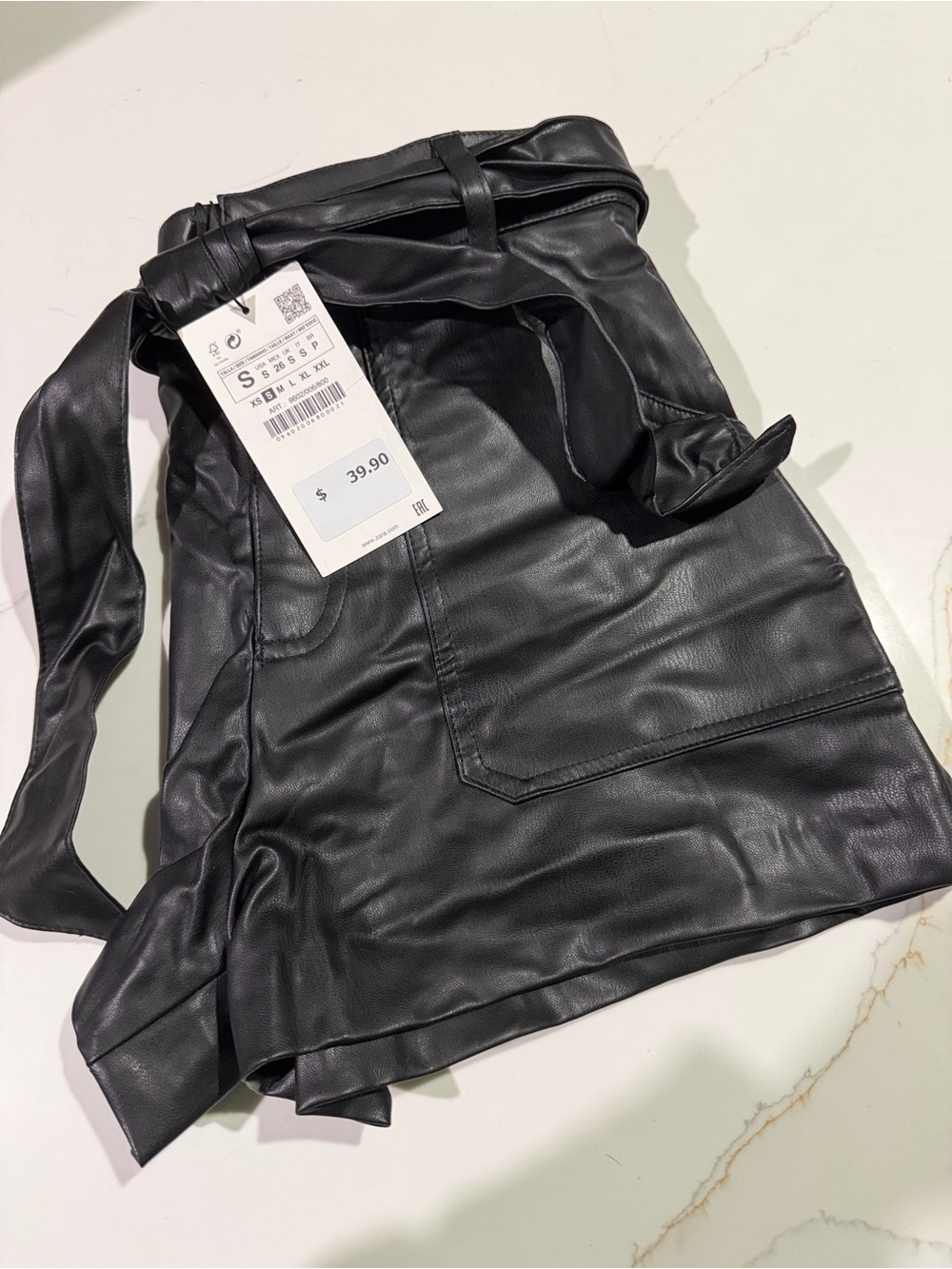 Zara Black Faux Leather High-Waist Paperbag Shorts with Belt